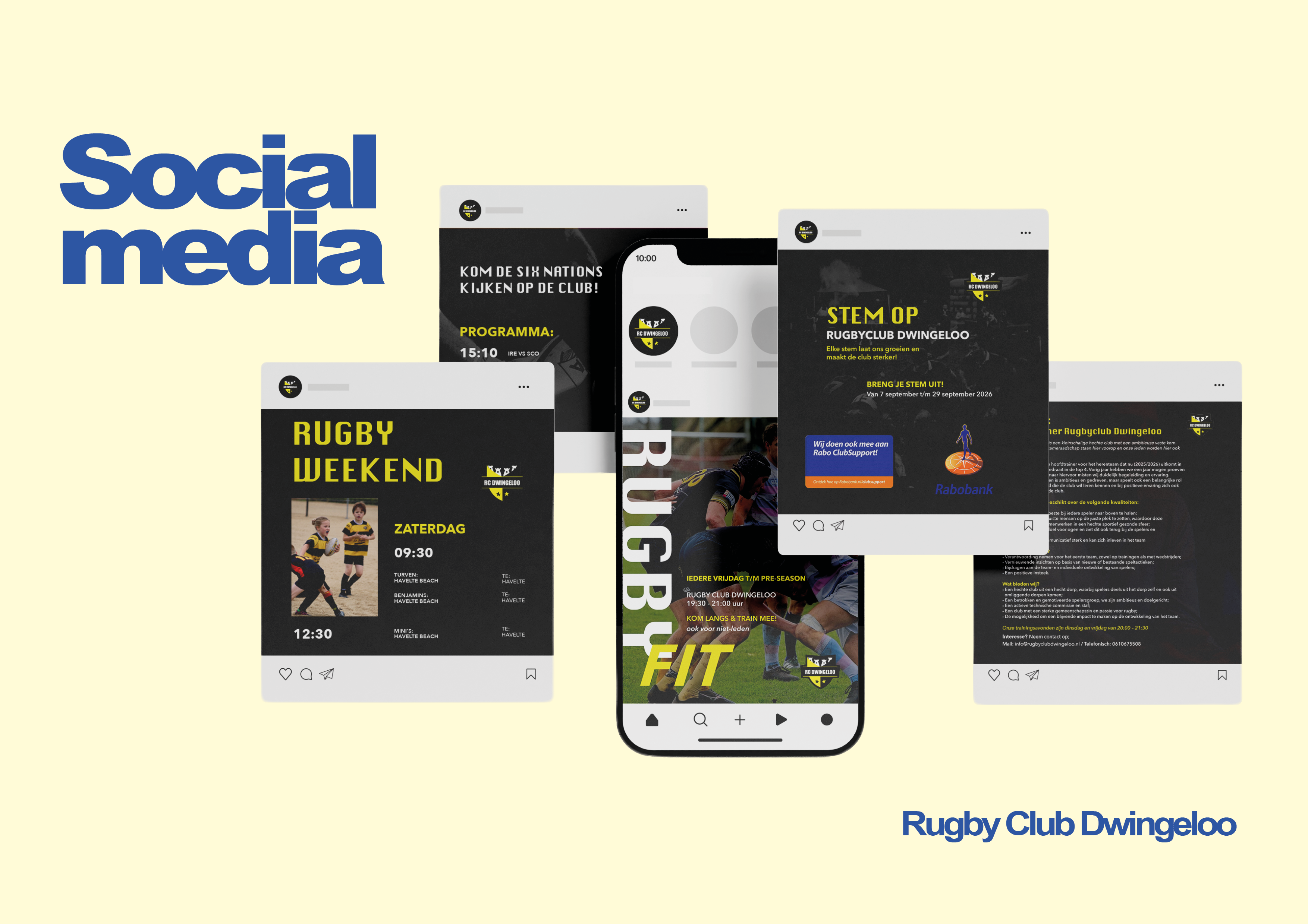 Portfolioproject 1 – Social media ontwerp voor Rugby Club Dwingeloo, inclusief Instagram posts en campagnemateriaal